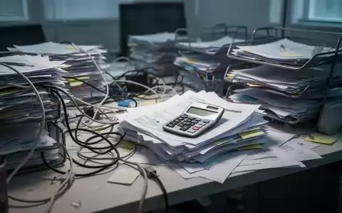 Ein chaotischer Büroschreibtisch mit Stapeln von unorganisierten Papieren, verhedderten Kabeln und überfüllten Ablagen, der administrative Unordnung darstellt. - Foto: über boerse-global.de