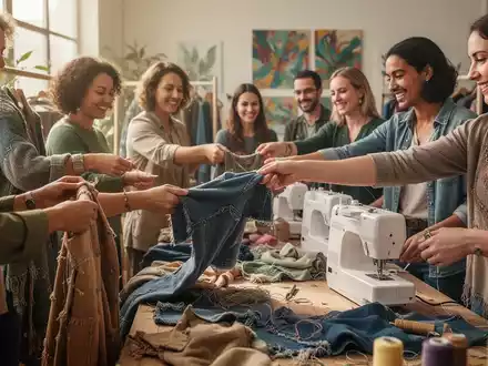 Menschen tauschen Kleidung oder arbeiten an Textilien in einem nachhaltigen Mode-Workshop, der Gemeinschaft und bewussten Konsum symbolisiert. - Foto: über boerse-global.de