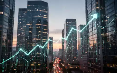 Eine aufwärts gerichtete Wachstumskurve aus Lichtlinien vor dem Hintergrund moderner Bürogebäude bei Sonnenuntergang. - Foto: über boerse-global.de
