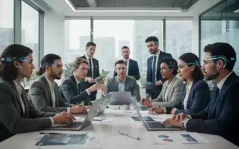 Eine Gruppe von Geschäftsleuten in einem modernen Büro nimmt an einem Resilienz-Workshop teil, einige tragen Neuro-Wearables. - Foto: über boerse-global.de