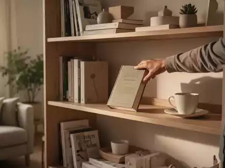 Eine minimalistische, aufgeräumte Wohnzimmerszene mit einem ordentlichen Regal, auf dem eine Hand ein Buch platziert. - Foto: über boerse-global.de