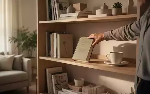 Eine minimalistische, aufgeräumte Wohnzimmerszene mit einem ordentlichen Regal, auf dem eine Hand ein Buch platziert. - Foto: über boerse-global.de