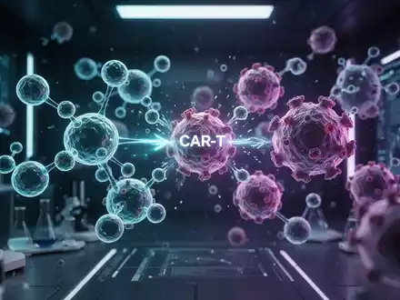 Abstrakte Darstellung von CAR-T-Zellen, die mit Krebszellen interagieren, symbolisiert durch leuchtende molekulare Strukturen in einem futuristischen Labor. - Foto: über boerse-global.de