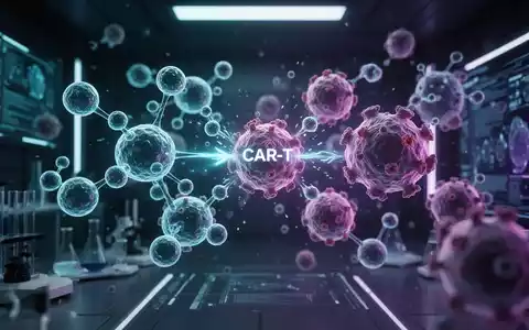 Abstrakte Darstellung von CAR-T-Zellen, die mit Krebszellen interagieren, symbolisiert durch leuchtende molekulare Strukturen in einem futuristischen Labor. - Foto: über boerse-global.de