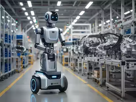Schlanker, rollender humanoider Roboter in einer Fabrikhalle, umgeben von Industrieanlagen und Autoteilen. - Foto: über boerse-global.de