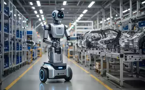 Schlanker, rollender humanoider Roboter in einer Fabrikhalle, umgeben von Industrieanlagen und Autoteilen. - Foto: über boerse-global.de