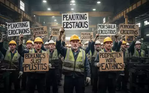 Industriearbeiter protestieren mit Schildern in einer Fabrikhalle, symbolisch für Streikdrohungen und gescheiterte Verhandlungen. - Foto: über boerse-global.de