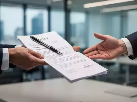 Zwei Hände, eine bietet einen Vertrag an, die andere zögert, ihn zu nehmen, im Hintergrund ein unscharfes Büro. - Foto: über boerse-global.de