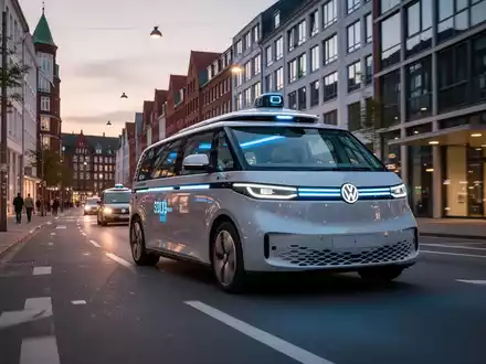 Ein autonomer Volkswagen ID. Buzz Robotaxi fährt durch eine moderne Stadtstraße in Hamburg bei Dämmerung. - Foto: über boerse-global.de
