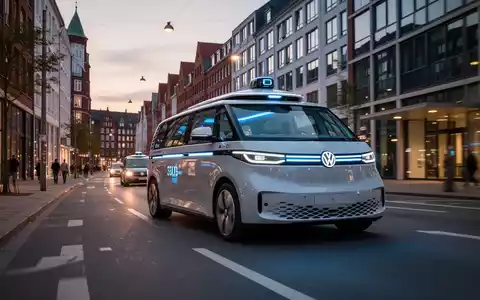 Ein autonomer Volkswagen ID. Buzz Robotaxi fährt durch eine moderne Stadtstraße in Hamburg bei Dämmerung. - Foto: über boerse-global.de