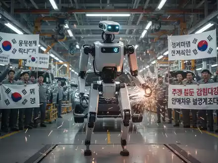 Ein humanoider Roboter steht auf einer Fabrikhalle, mit verschwommenen Industrieanlagen und einem leichten Hinweis auf Arbeiter im Hintergrund, was einen Streik symbolisiert. - Foto: über boerse-global.de