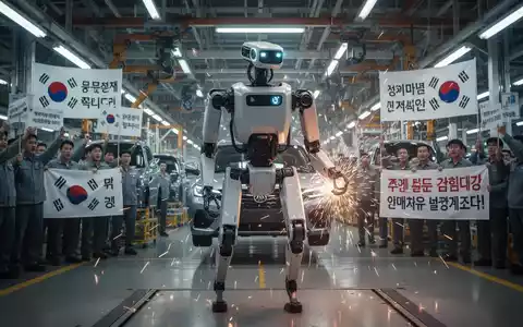 Ein humanoider Roboter steht auf einer Fabrikhalle, mit verschwommenen Industrieanlagen und einem leichten Hinweis auf Arbeiter im Hintergrund, was einen Streik symbolisiert. - Foto: über boerse-global.de