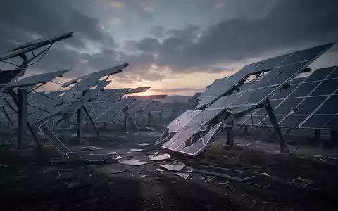 Verlassenes oder beschädigtes Solarkraftwerk bei Sonnenuntergang, das Insolvenz und Misserfolg symbolisiert. - Foto: über boerse-global.de