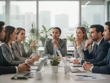 Eine vielfältige Gruppe von Geschäftsleuten in einem modernen Büro, die an einem Tisch zusammenarbeiten und diskutieren, mit Fokus auf positive Interaktion. - Foto: über boerse-global.de