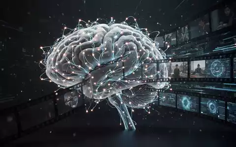 Ein stilisiertes neuronales Netz-Gehirn verschmilzt mit Filmstreifen und digitalen Datenströmen, Symbol für KI in der Medienproduktion. - Foto: über boerse-global.de