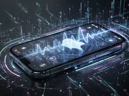 Ein futuristisches iPhone mit leuchtenden KI-Schnittstellenelementen und abstrakten Datenströmen, die Siri darstellen. - Foto: über boerse-global.de
