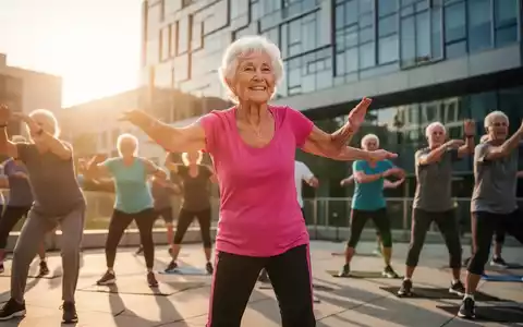 Ältere Person, aktiv und lächelnd, bei einer Outdoor-Gruppenfitnessübung, im Hintergrund moderne Architektur und Sonnenlicht. - Foto: über boerse-global.de