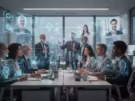 Ein modernes Büro mit holografischen Projektionen von Daten und virtuellen Kollegen, die KI und 3D-Videokommunikation symbolisieren. - Foto: über boerse-global.de