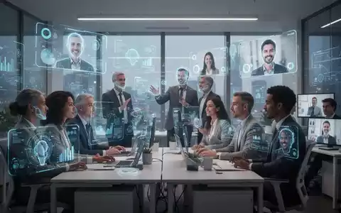 Ein modernes Büro mit holografischen Projektionen von Daten und virtuellen Kollegen, die KI und 3D-Videokommunikation symbolisieren. - Foto: über boerse-global.de