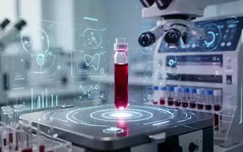 Nahaufnahme eines Blutröhrchens in einem Labor mit wissenschaftlichen Geräten und digitalen Datenüberlagerungen. - Foto: über boerse-global.de