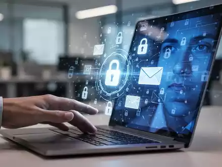 Eine Hand tippt auf einer Laptoptastatur, während digitale Sicherheitssymbole und ein Vorhängeschloss auf dem Bildschirm leuchten. - Foto: über boerse-global.de