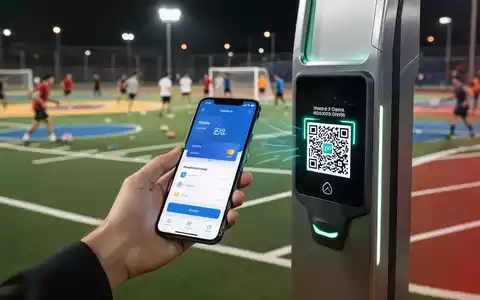 Eine Hand hält ein Smartphone, das einen QR-Code an einem modernen Sportanlageneingang scannt, mit verschwommenem Sportfeld im Hintergrund. - Foto: über boerse-global.de