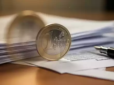 Ein verschwommener Euro-Münze auf einem Stapel Papiere und einem Stift, der finanzielle Debatten und politische Änderungen symbolisiert. - Foto: über boerse-global.de