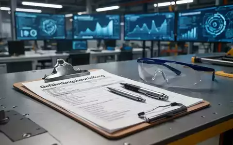 Nahaufnahme eines Klemmbretts mit einem Formular zur Gefährdungsbeurteilung, einem Stift und einer Schutzbrille auf einer Werkbank. - Foto: über boerse-global.de
