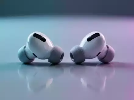 Nahaufnahme von Apple AirPods Pro auf reflektierender Oberfläche mit sanften blauen und violetten Lichtakzenten. - Foto: über boerse-global.de