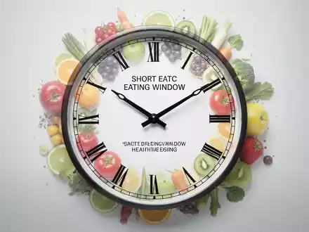 Eine stilisierte Uhr mit Zeigern, die eine kurze Essenszeit anzeigen, überlagert mit gesunden Lebensmitteln wie Obst und Gemüse. - Foto: über boerse-global.de