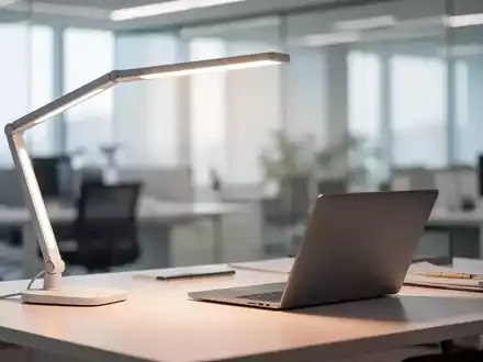 Eine moderne LED-Schreibtischlampe beleuchtet einen aufgeräumten Arbeitsplatz in einem Büro. Das Licht ist weich und einstellbar. - Foto: über boerse-global.de