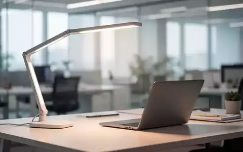 Eine moderne LED-Schreibtischlampe beleuchtet einen aufgeräumten Arbeitsplatz in einem Büro. Das Licht ist weich und einstellbar. - Foto: über boerse-global.de