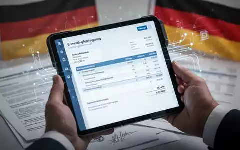 Eine Hand hält ein Tablet mit einer E-Rechnung, im Hintergrund verschwommen juristische Dokumente und die deutsche Flagge. - Foto: über boerse-global.de