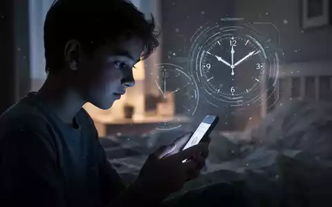 Eine stilisierte Silhouette eines Teenagers, der auf ein Smartphone schaut, mit einer digitalen Uhr, die Mitternacht anzeigt. - Foto: über boerse-global.de