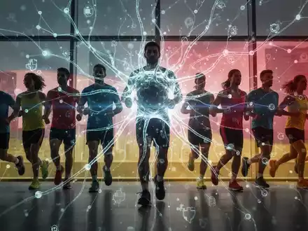 Ein stilisiertes, leuchtendes neuronales Netzwerk überlagert Silhouetten von Menschen, die Sport treiben, mit deutschen Flaggenfarben. - Foto: über boerse-global.de