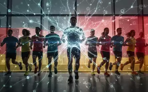 Ein stilisiertes, leuchtendes neuronales Netzwerk überlagert Silhouetten von Menschen, die Sport treiben, mit deutschen Flaggenfarben. - Foto: über boerse-global.de