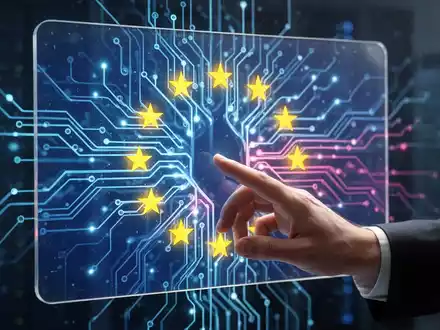 Eine stilisierte Darstellung eines leuchtenden neuronalen Netzes hinter einem Bildschirm mit EU-Farben, das KI-Regulierung symbolisiert. - Foto: über boerse-global.de