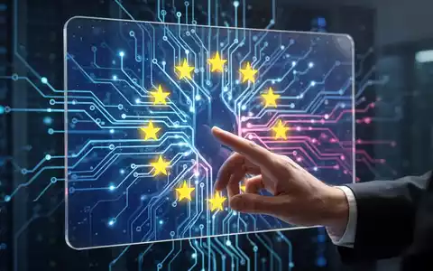 Eine stilisierte Darstellung eines leuchtenden neuronalen Netzes hinter einem Bildschirm mit EU-Farben, das KI-Regulierung symbolisiert. - Foto: über boerse-global.de