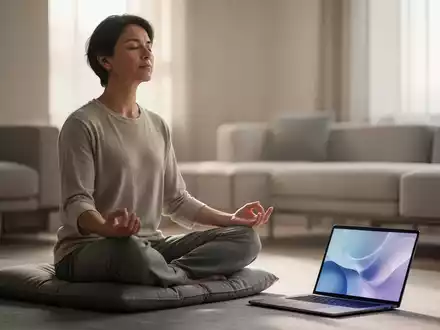 Eine Person meditiert ruhig in einem modernen Wohnraum mit sanftem Licht, einem Tablet in der Nähe. - Foto: über boerse-global.de