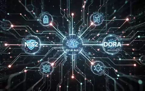Abstrakte Darstellung von vernetzten digitalen Regularien wie NIS2, EU AI Act und DORA, symbolisiert Compliance und Cybersicherheit. - Foto: über boerse-global.de
