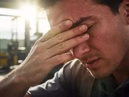 Eine schwitzende Hand wischt sich die Stirn, im Hintergrund verschwommen eine Industriehalle unter grellem Sonnenlicht. - Foto: über boerse-global.de