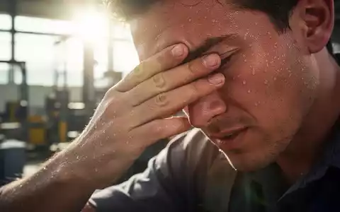 Eine schwitzende Hand wischt sich die Stirn, im Hintergrund verschwommen eine Industriehalle unter grellem Sonnenlicht. - Foto: über boerse-global.de