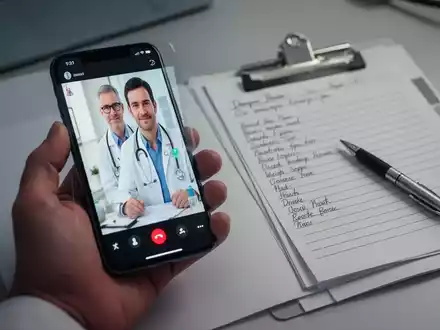 Eine Hand hält ein Smartphone mit einer Videosprechstunde, daneben ein traditioneller gelber Krankenschein und ein Stift. - Foto: über boerse-global.de
