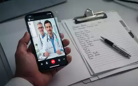 Eine Hand hält ein Smartphone mit einer Videosprechstunde, daneben ein traditioneller gelber Krankenschein und ein Stift. - Foto: über boerse-global.de