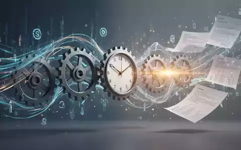 Abstrakte Darstellung von fließender Zeit und sich vereinfachenden bürokratischen Prozessen mit Zahnrädern und digitalen Datenströmen. - Foto: über boerse-global.de