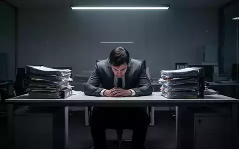 Ein erschöpfter Büroangestellter sitzt gebeugt an einem Schreibtisch in einem schwach beleuchteten Büro, umgeben von Akten. - Foto: über boerse-global.de