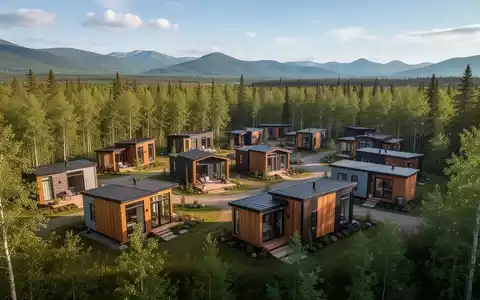 Eine Drohnenaufnahme einer modernen Tiny-House-Siedlung mit 99 Wohneinheiten in einer malerischen kanadischen Landschaft. - Foto: über boerse-global.de
