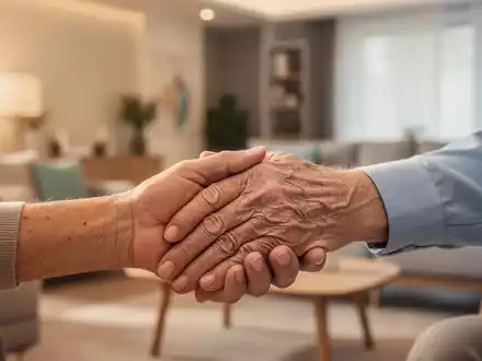 Eine fürsorgliche Hand hält sanft eine ältere Hand, symbolisiert Unterstützung und Begleitung in der Altenpflege in einem häuslichen Umfeld. - Foto: über boerse-global.de