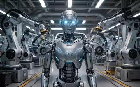 Schlanker, fortschrittlicher humanoider Roboter 'Iron' mit leuchtenden Augen in futuristischer Autofabrik. Roboterarme montieren Komponenten. - Foto: über boerse-global.de