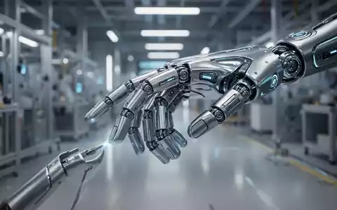 Nahaufnahme einer hochentwickelten humanoiden Roboterhand mit mehreren Gelenken, die in einer futuristischen Fabrik eine Aufgabe ausführt. - Foto: über boerse-global.de